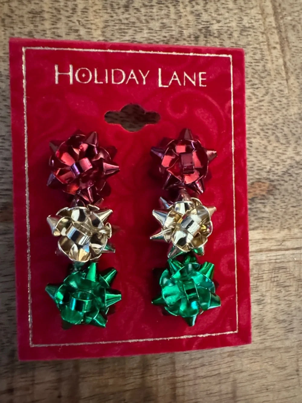 Holiday Lane by Macys Red, Gold & Green Gift Bow earrings studs 3 pack NEW NWT